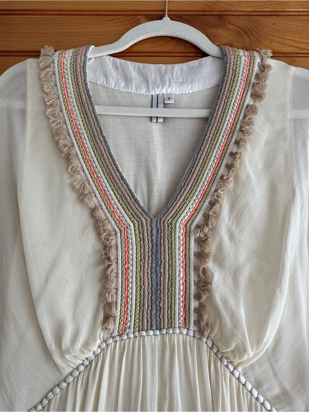 BL-nk London Anthropologie Boho Kaftan Midi Dress Embroidered Fringe Cream S - Picture 4 of 15